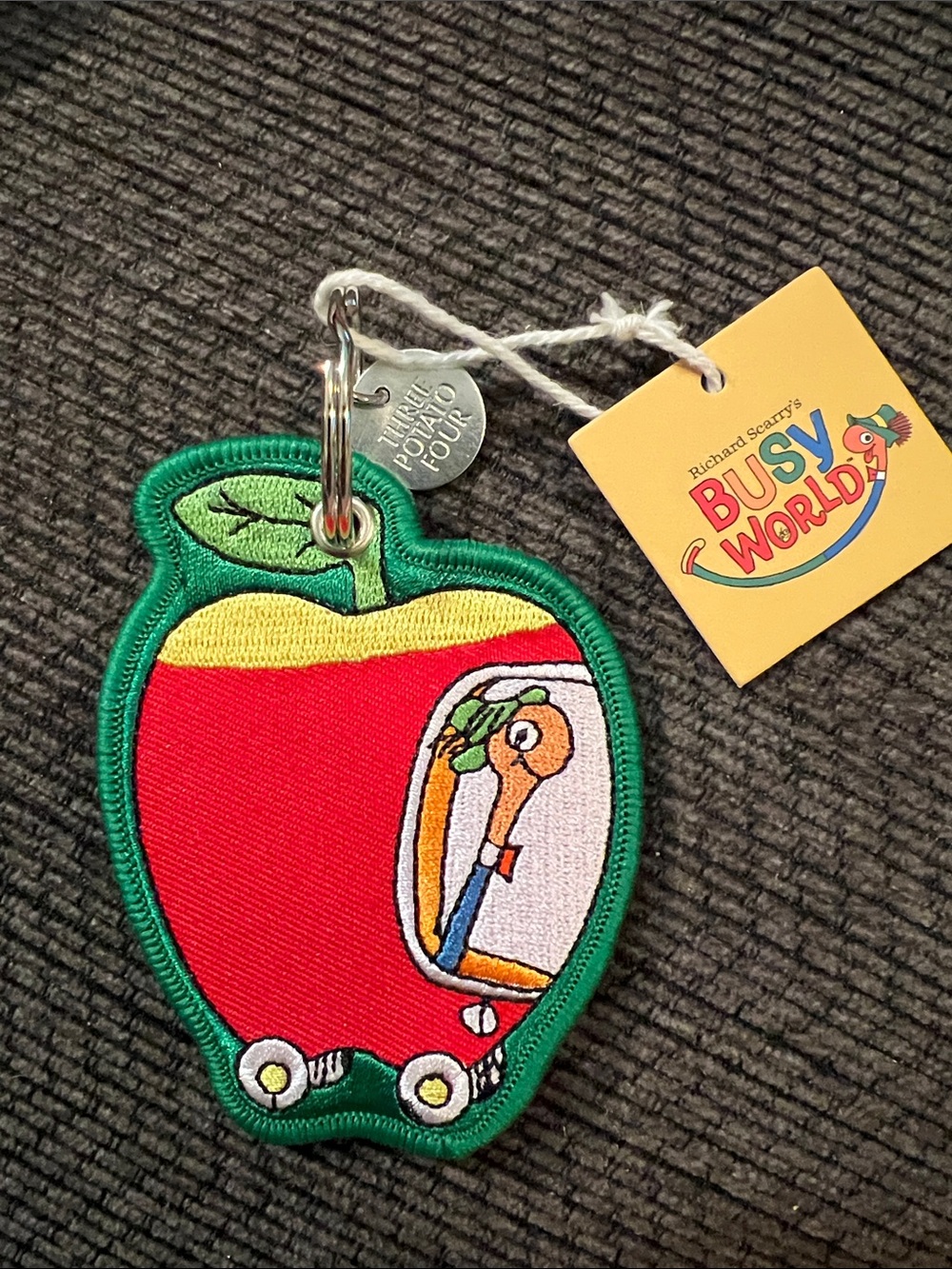 Busy World Apple Car Embroidered Keychain - Red & Green Richard Scarry 🍎🪱
